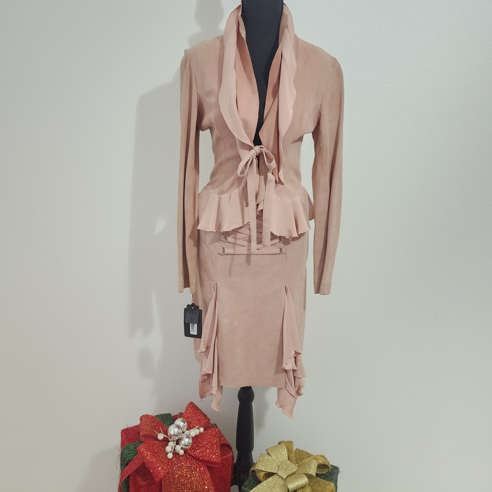 $689 COUTURE Leather & Silk Peplum Suit DIOR YVES ST LAURENT*NEW LIKE CONDITION